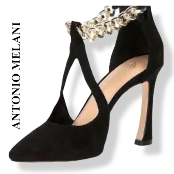 ANTONIO MELANI Shoes - Antonio Melani Tiaa Black Suede Gold Chain Ankle Pumps Heels Size 8.5